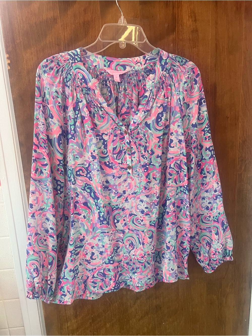 Lilly Pulitzer Pink Multi Swirl Smocked-Neck Long Sleeve Blouse
